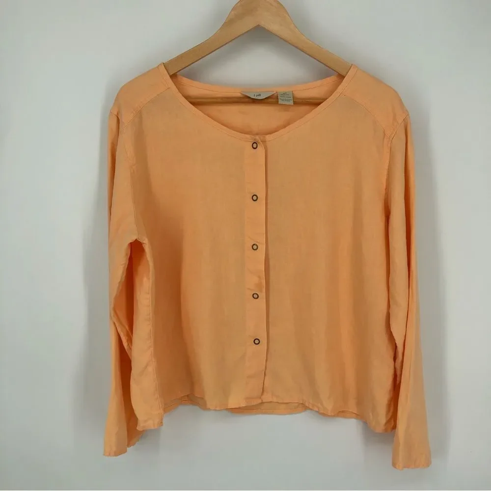 J. Jill 100% Linen Snap Button Shirt Womens Petite Medium Peach Boxy Long Sleeve